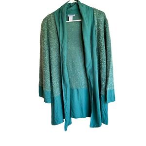 Soft Surroundings Boucle Knit Green Open Front 3/4 Sleeve Cardigan Size Small
